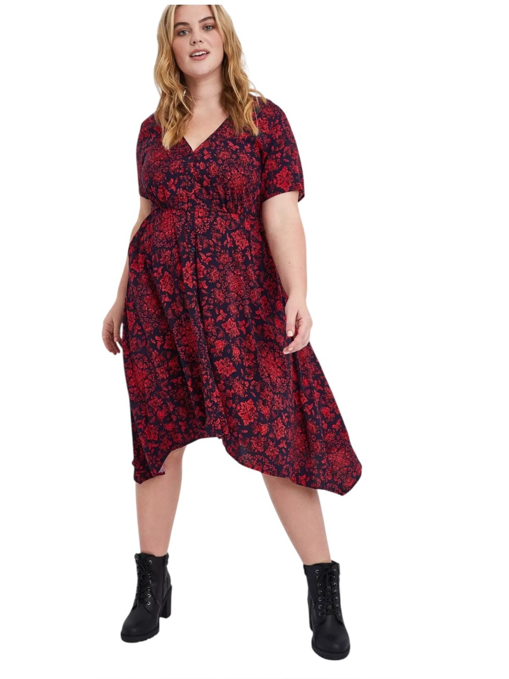 Torrid Red & Black Floral Challis Shirt Dress